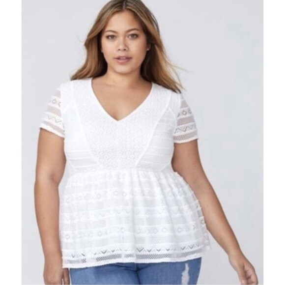 Lane Bryant Women’s Size 26/28 Shirred Peplum Lace V-Neck Top In Off White - Picture 1 of 10